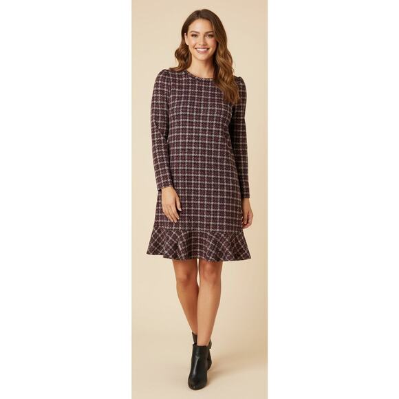 Anne Klein Women XL Red/ Gold Houndstooth Flare Hem Puff Sleeve Fall Dress - Picture 1 of 6